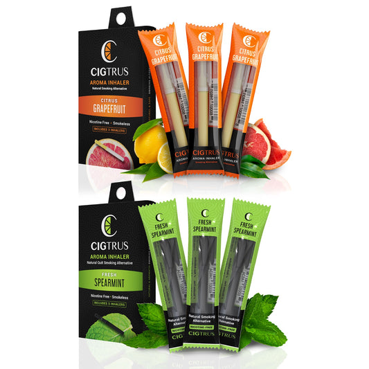 Cigtrus, Smokeless Nicotine-Free Natural Quit Smoking Aid | Oral Fixation Cravings Relief | Delicious & Refreshing Flavored Air Puffer - Fresh Spearmint & Fresh Grapefruit, 3 Pack Each Variety