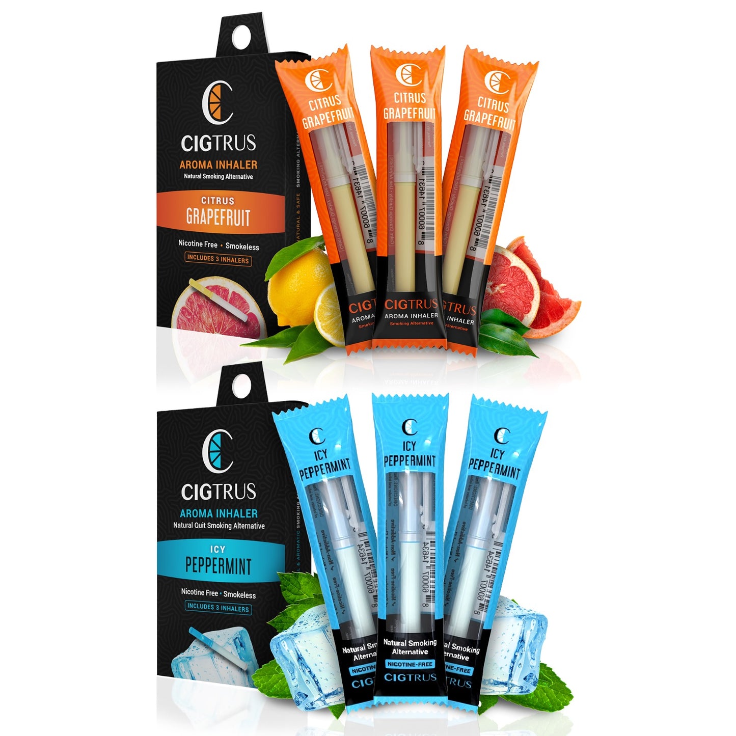 Cigtrus, Smokeless Nicotine-Free Natural Quit Smoking Aid | Oral Fixation Cravings Relief | Delicious & Refreshing Flavored Air Puffer - Citrus Grapefruit & Icy Peppermint,  3 Pack Each Variety