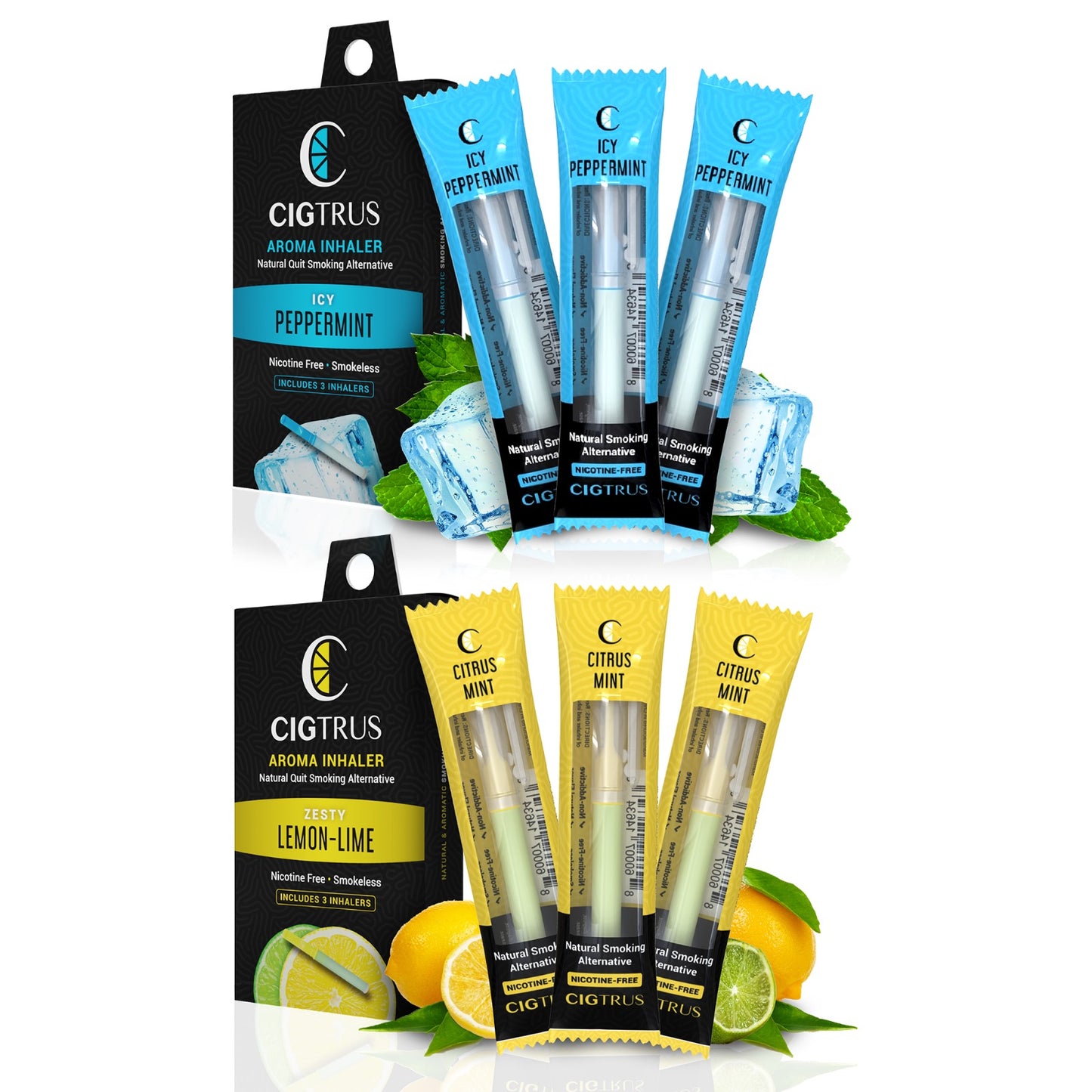 Cigtrus, Smokeless Nicotine-Free Natural Quit Smoking Aid | Oral Fixation Cravings Relief | Delicious & Refreshing Flavored Air Puffer Citrus Mint & Icy Peppermint , 3 Pack Each Variety