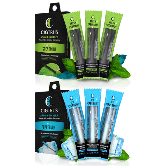 Cigtrus, Smokeless Nicotine-Free Natural Quit Smoking Aid | Oral Fixation Cravings Relief | Delicious & Refreshing Flavored Air Puffer - Fresh Spearmint & Icy Peppermint, 3 Pack Each Variety