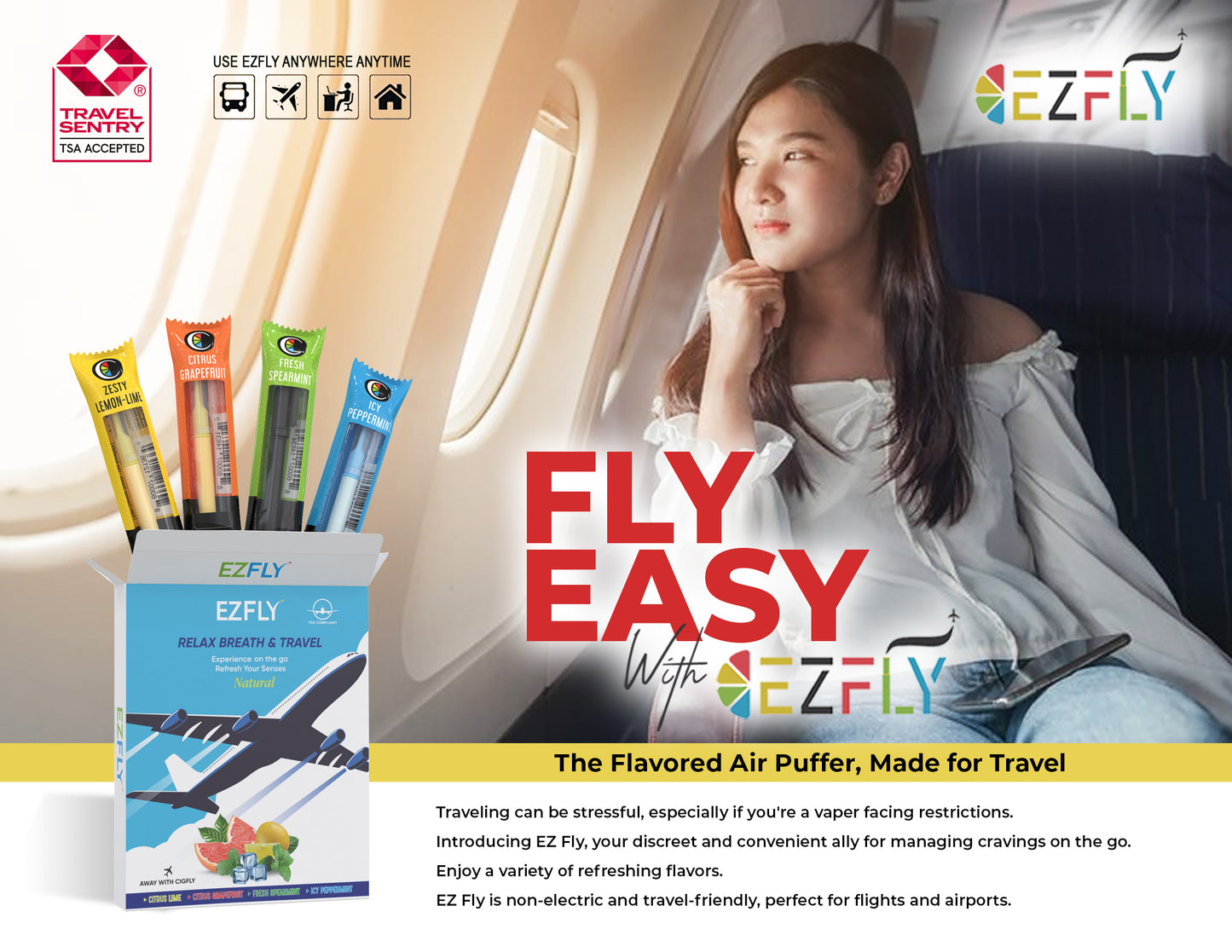 EZFLY: Fly Friendly! TSA-Accepted Delicious & Refreshing Smokeless Flavored Air Puffer Inhaler. In-flight Aid to Curb Cravings, 4 Flavor Variety Pack