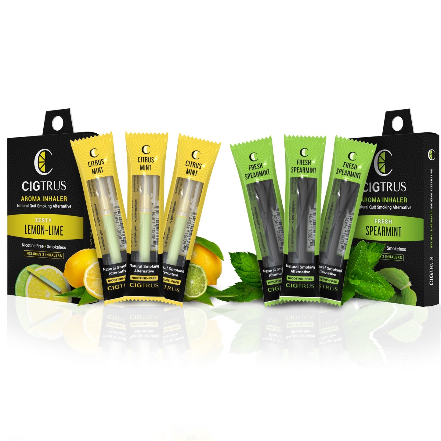 Cigtrus, Smokeless Nicotine-Free Natural Quit Smoking Aid | Oral Fixation Cravings Relief | Delicious & Refreshing Flavored Air Puffer - Citrus Lime & Fresh Spearmint, 3 Pack Each Variety