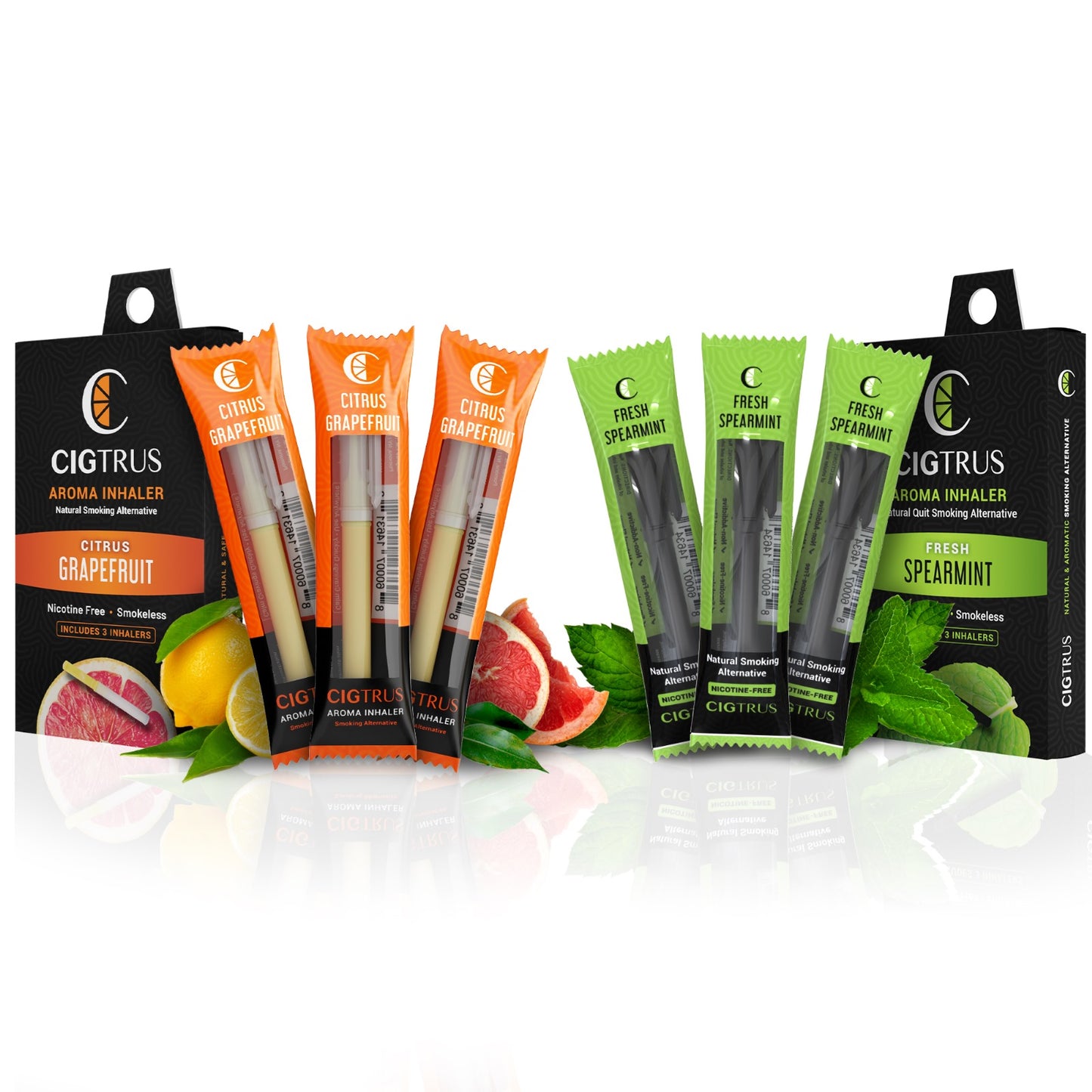 Cigtrus, Smokeless Nicotine-Free Natural Quit Smoking Aid | Oral Fixation Cravings Relief | Delicious & Refreshing Flavored Air Puffer - Fresh Spearmint & Fresh Grapefruit, 3 Pack Each Variety